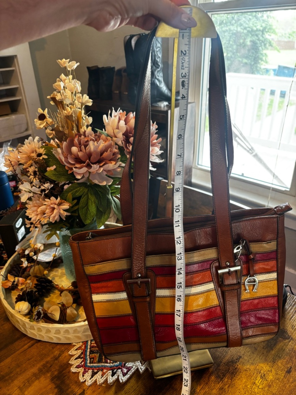 Etienne Aigner Striped Leather Tote Shoulder Bag Brown Multicolor - Picture 8 of 9
